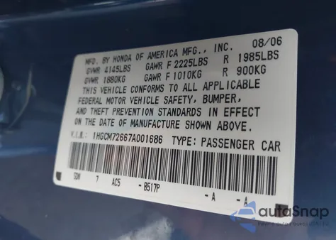 2007 Honda Accord 2.4 Ex from USA, damaged, VIN 1HGCM72667A001686